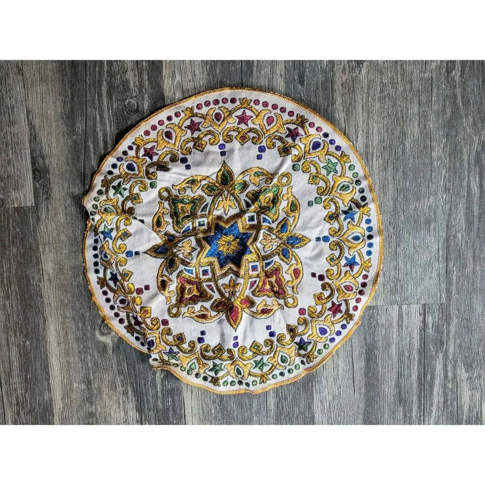 2 Vintage Cross Stitch Round Small Table Toppers Decor Handmade Placemats 13